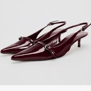 Zara: patent finish kitten heel slingback burgundy